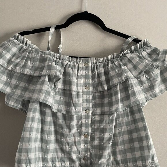 LC Lauren Conrad Women L Green/White Gingham Chambray Off Shoulder Crop Top NWT - Picture 4 of 11